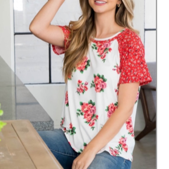 IVORY-PINK/CHERRY red -WINE red + white ROUND NECK FLORAL CONTRAST RAGLAN TOP - Picture 12 of 16